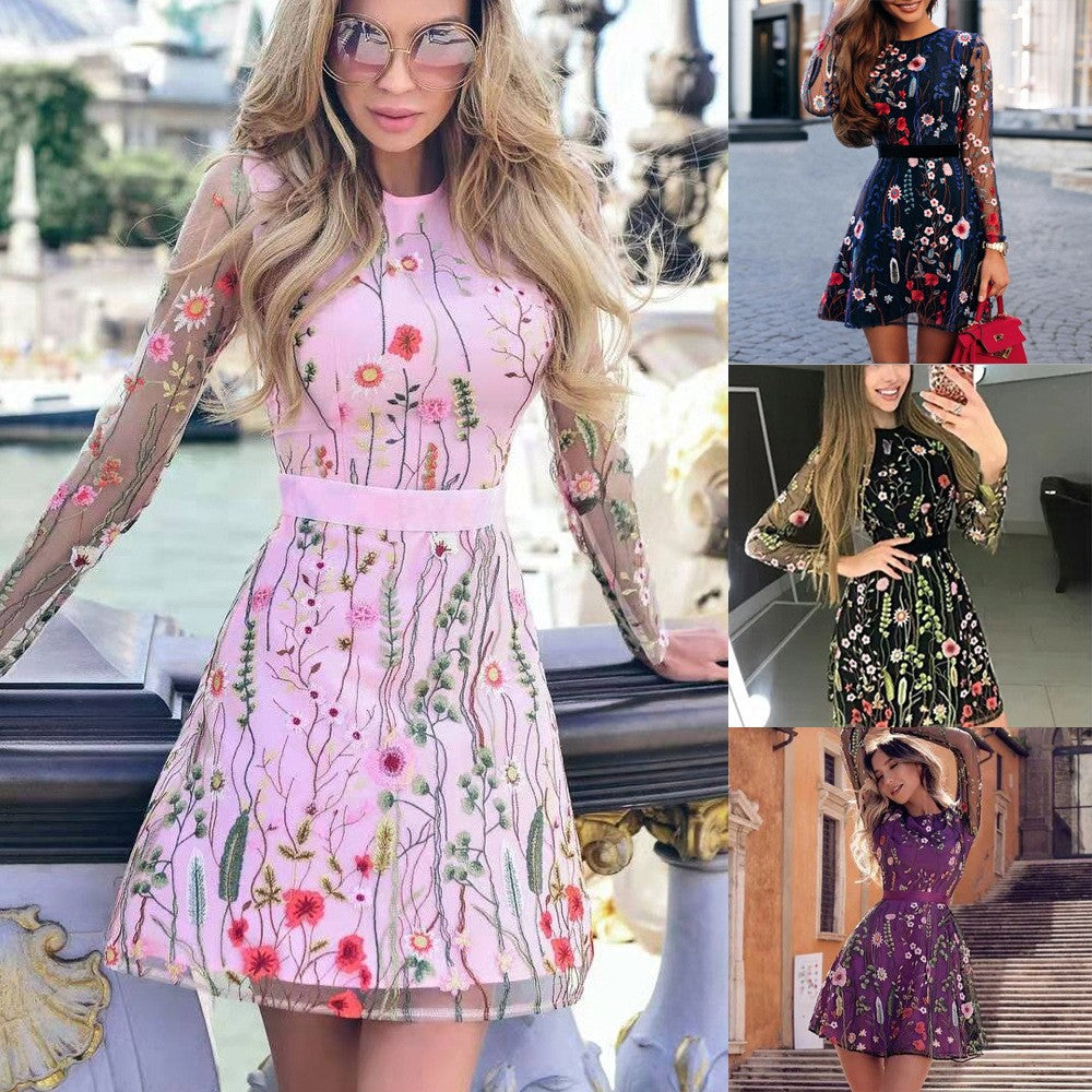 Summer Women Fashion Sexy Bohemian Floral Embroidered Long Sleeve Dress