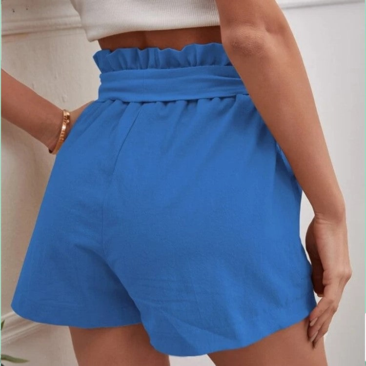 Women Casual Linen Solid Color Loose Pocket Shorts