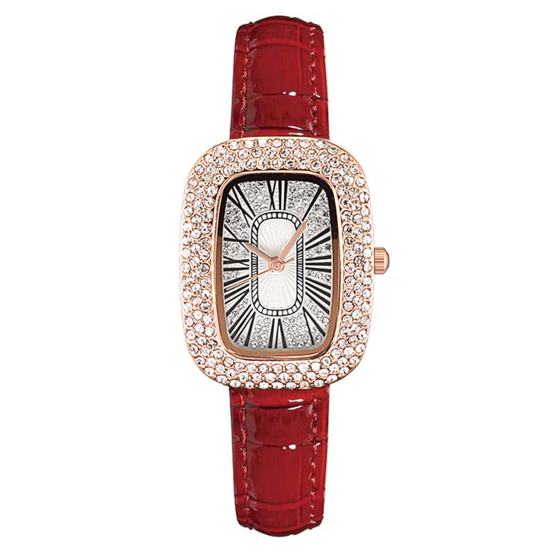 Women Casual Rectangular Rhinestone Watch with Leather Strap