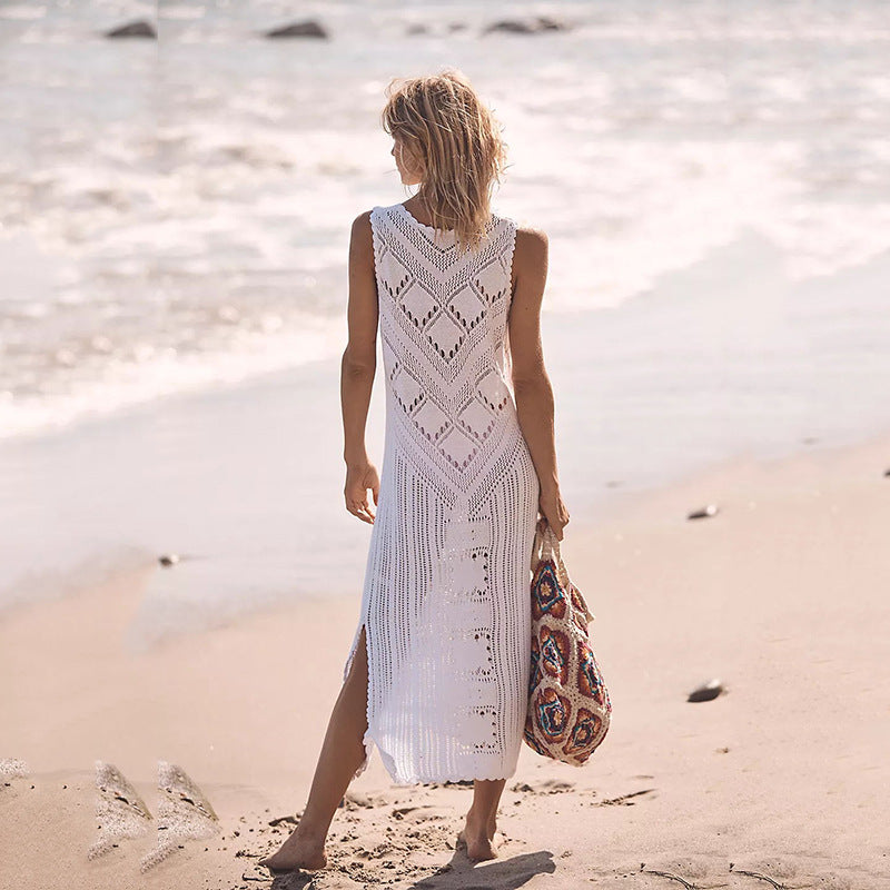 Women Fashion Casual Solid Color Knitted Sleeveless Swimsuit Cover-Ups