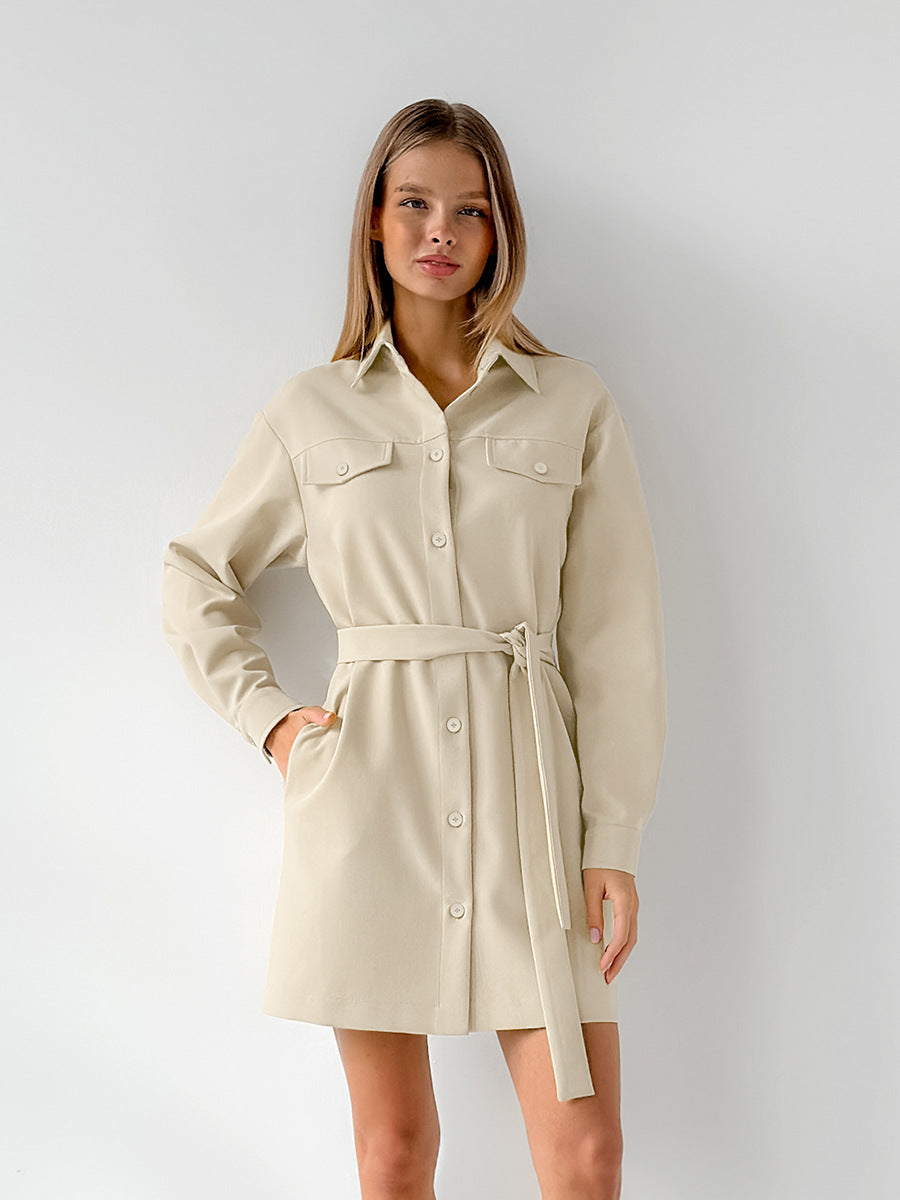 Women Solid Color Lapel Long Sleeve Dress Blended Fabric