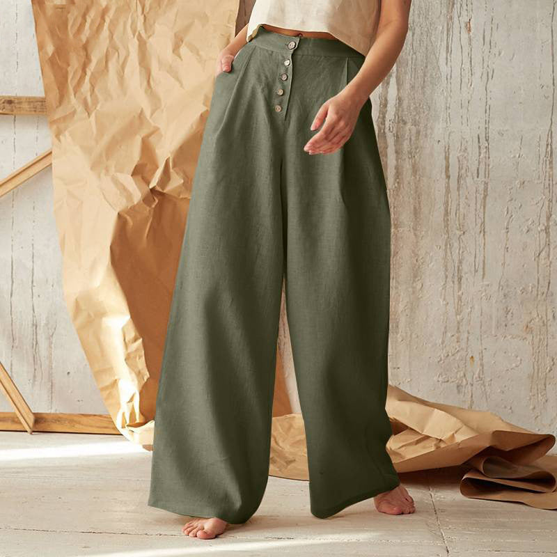 Pantalon large taille haute décontracté de couleur unie pour femme