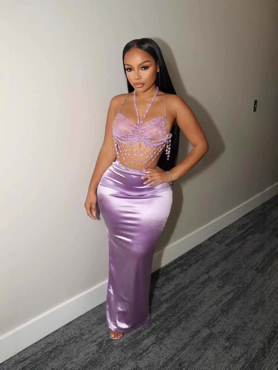 Women Summer Solid Color Satin Slim-Fit Skirt - High Waist Long Dress