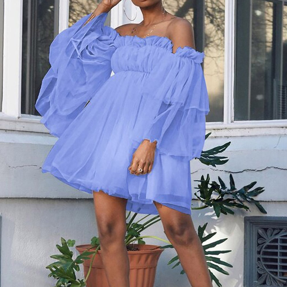 Vestido elegante de color liso con volantes y hombros descubiertos para mujer
