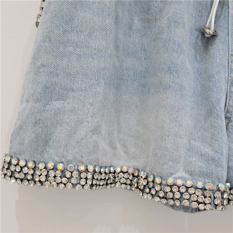 Pantalones cortos vaqueros informales con cuentas y diamantes de imitación para mujer