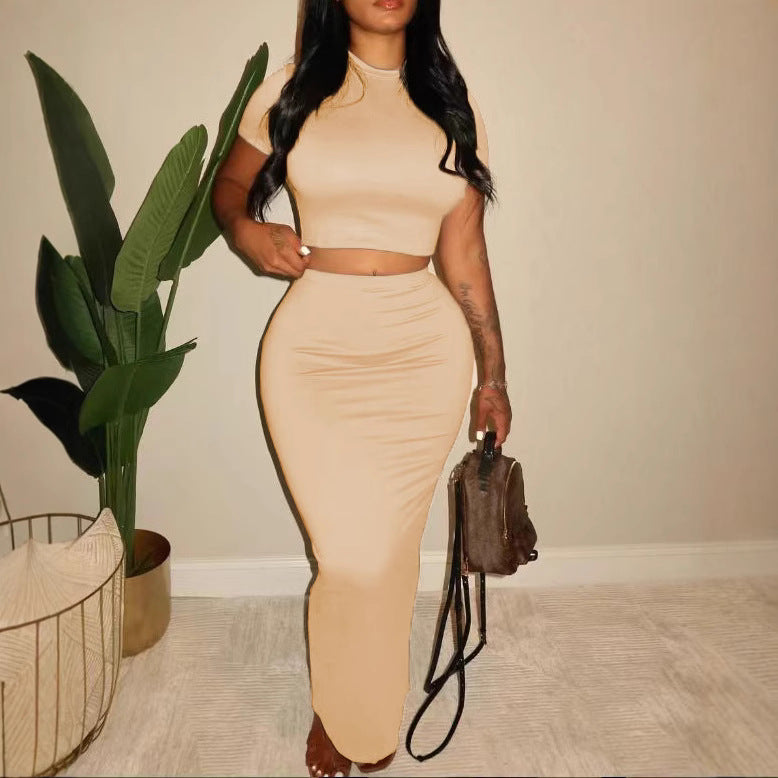 Women Short-Sleeve Solid Color T-Shirt and High Waist Skirt Two-Piece Set