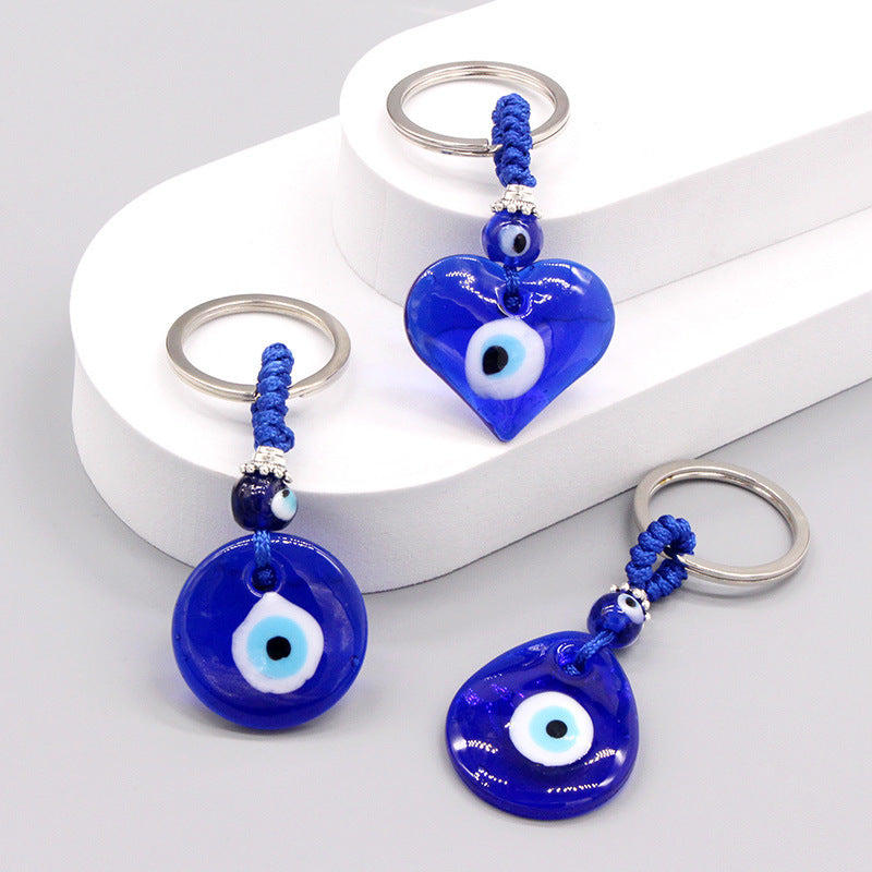Women Simple Blue Glass Devil Eye Pendant Key Chain