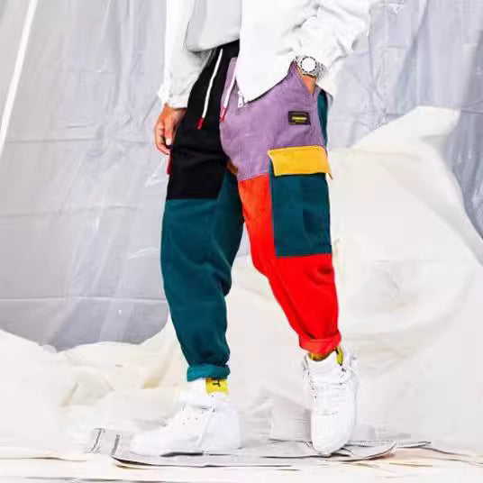 Men Fashion Casual Color Block Corduroy Drawstring Pants