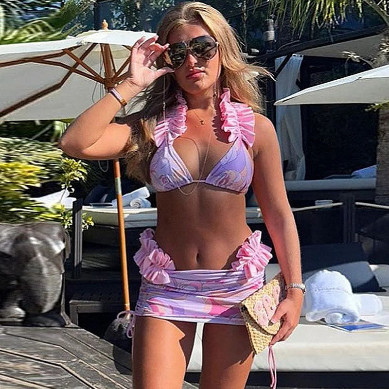 Conjunto de tres piezas para mujer, traje de baño con volantes para vacaciones de verano