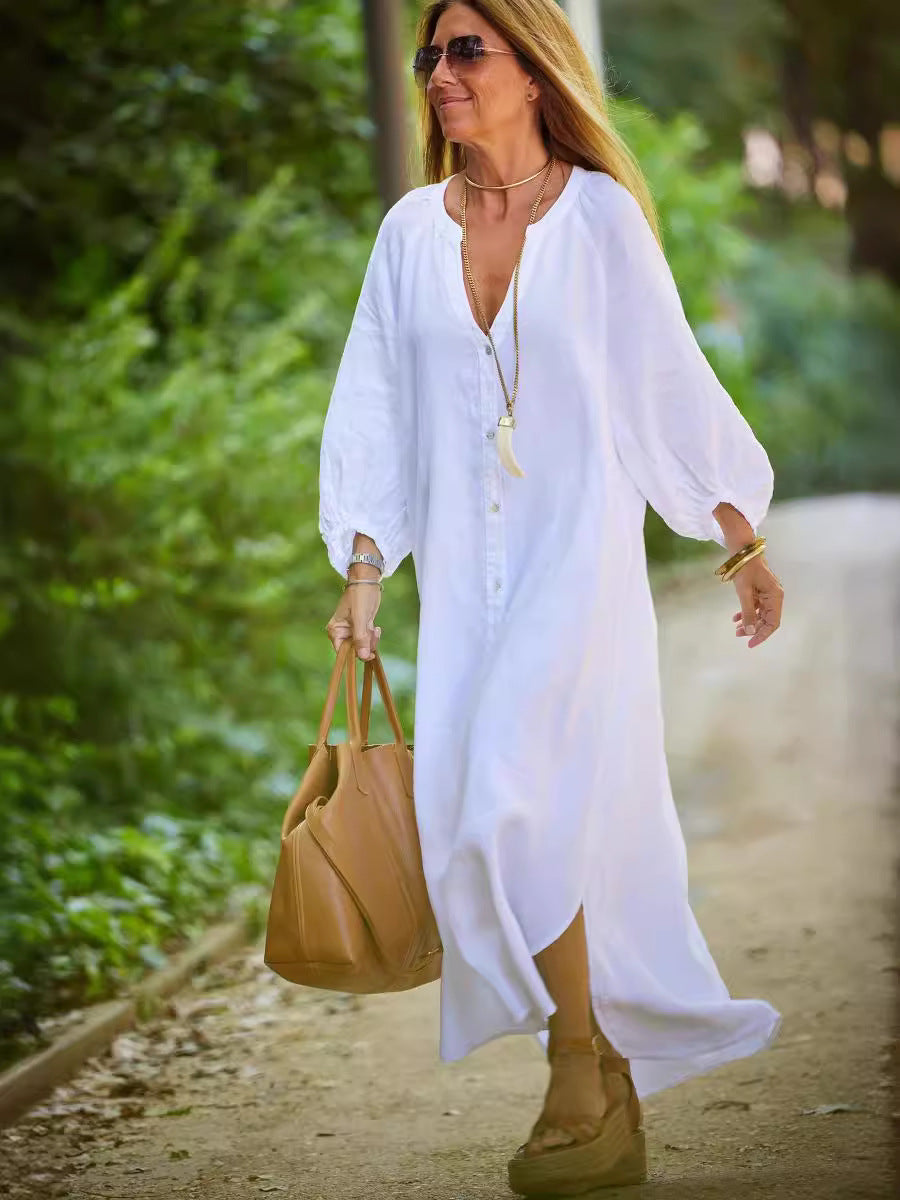 Vestido largo elegante de lino y algodón informal a la moda para mujer