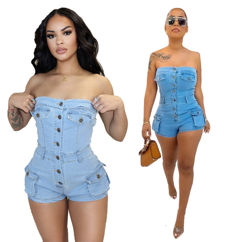Summer Women Sexy Strapless Stretch Denim Rompers