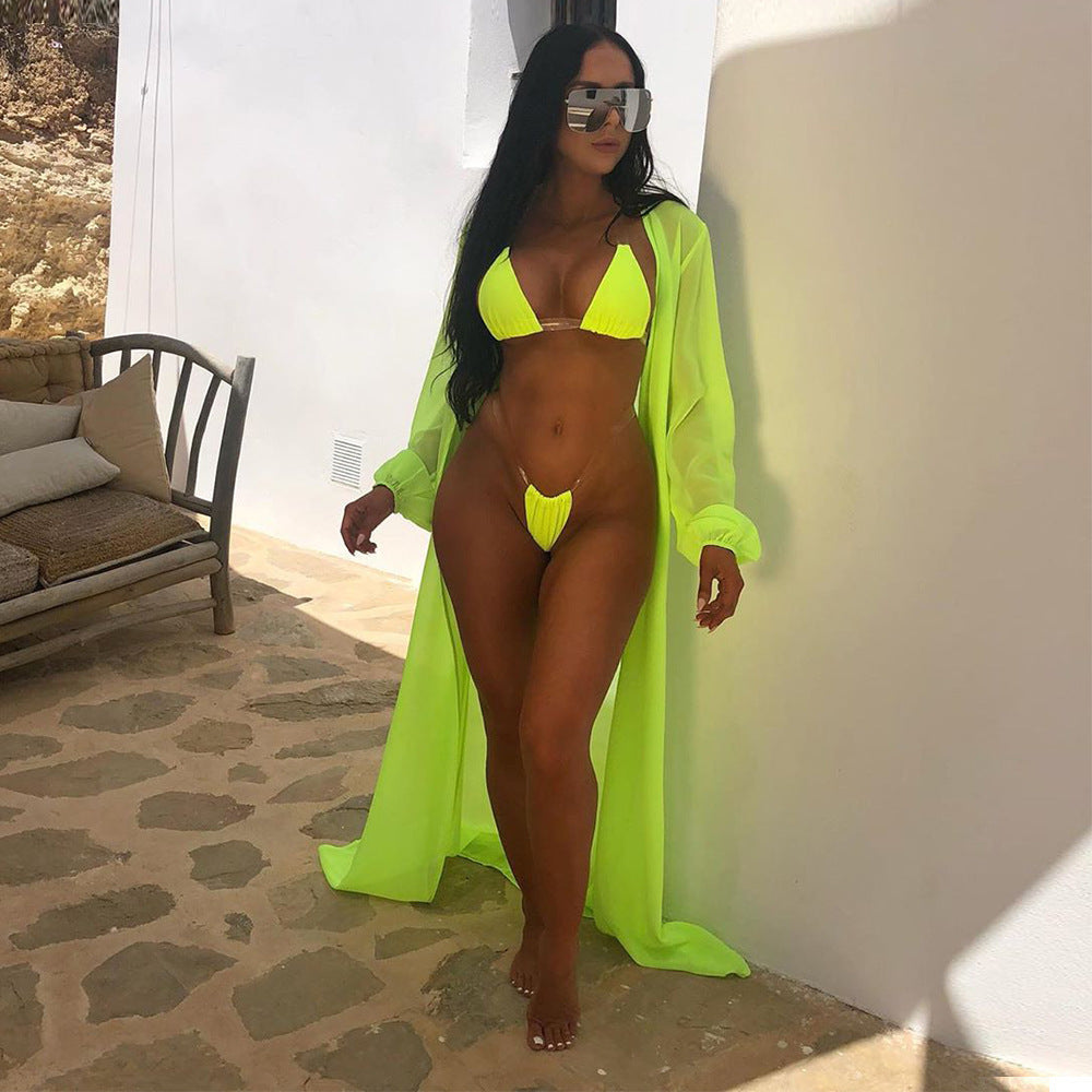 Conjunto de traje de baño de malla de color sólido sexy de moda para mujer