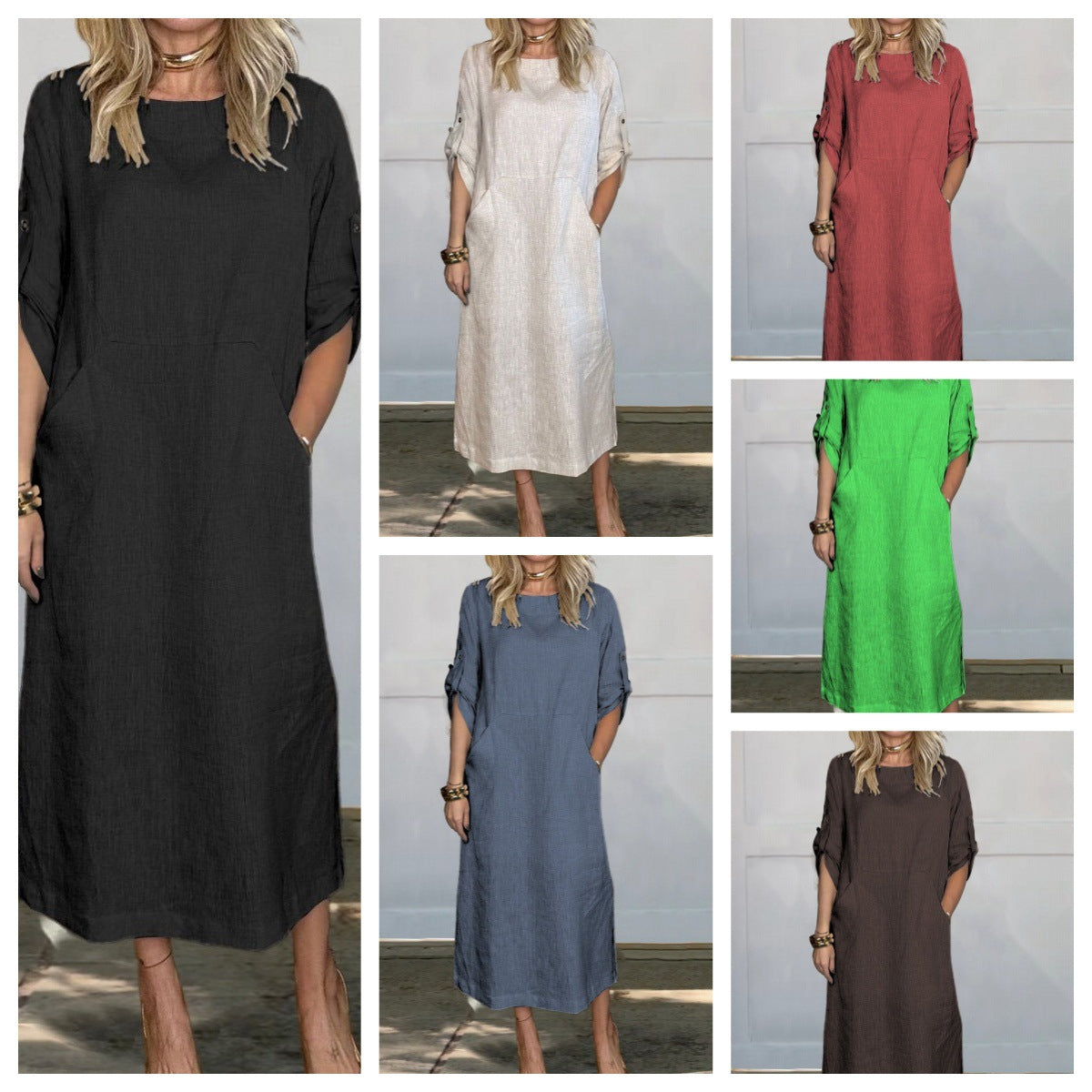 Summer Women Casual Solid Color Round Neck Dress