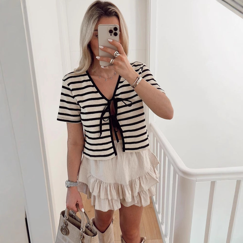Jersey de punto informal de manga corta con cordones y rayas para mujer
