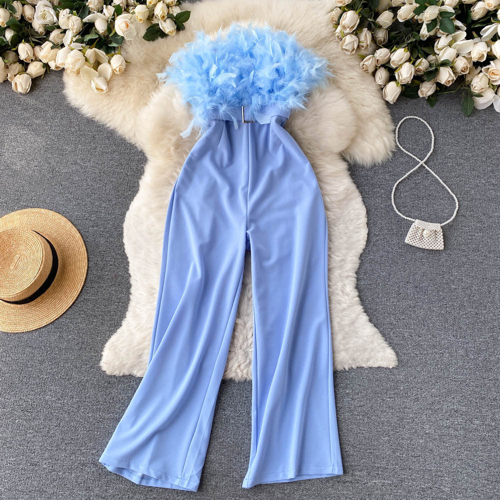 Fashion Women Pink Feather Strapless Summer Jumpsuit
