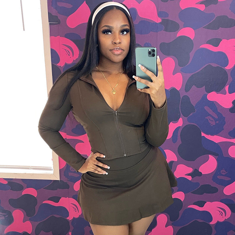 Women Fashion Long-Sleeve Zipper Top and Tight Skirt Set