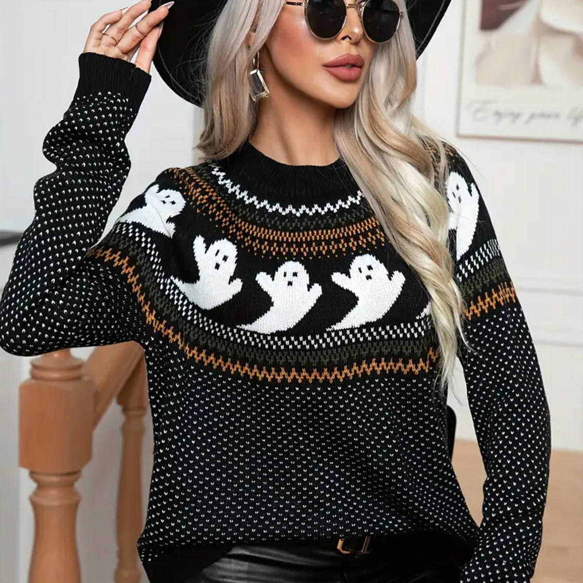 Pull tricoté fantôme de dessin animé pour femme, automne-hiver