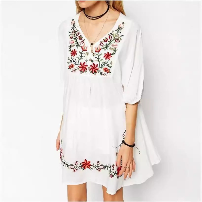 Women Casual Boho Floral Embroidered V-Neck Short-Sleeve Dress