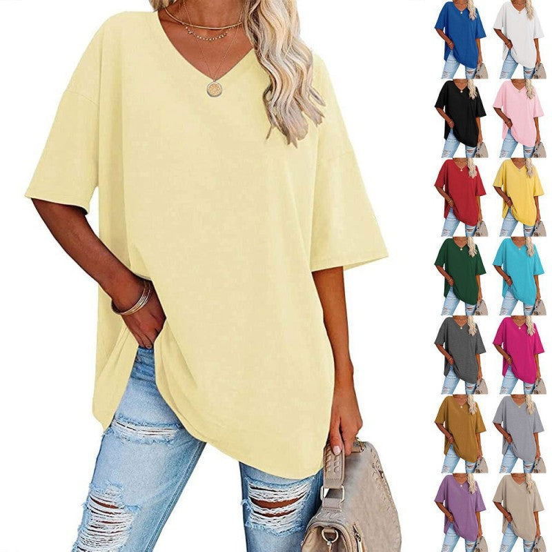 Camiseta informal holgada de manga corta con cuello en V para mujer, color liso