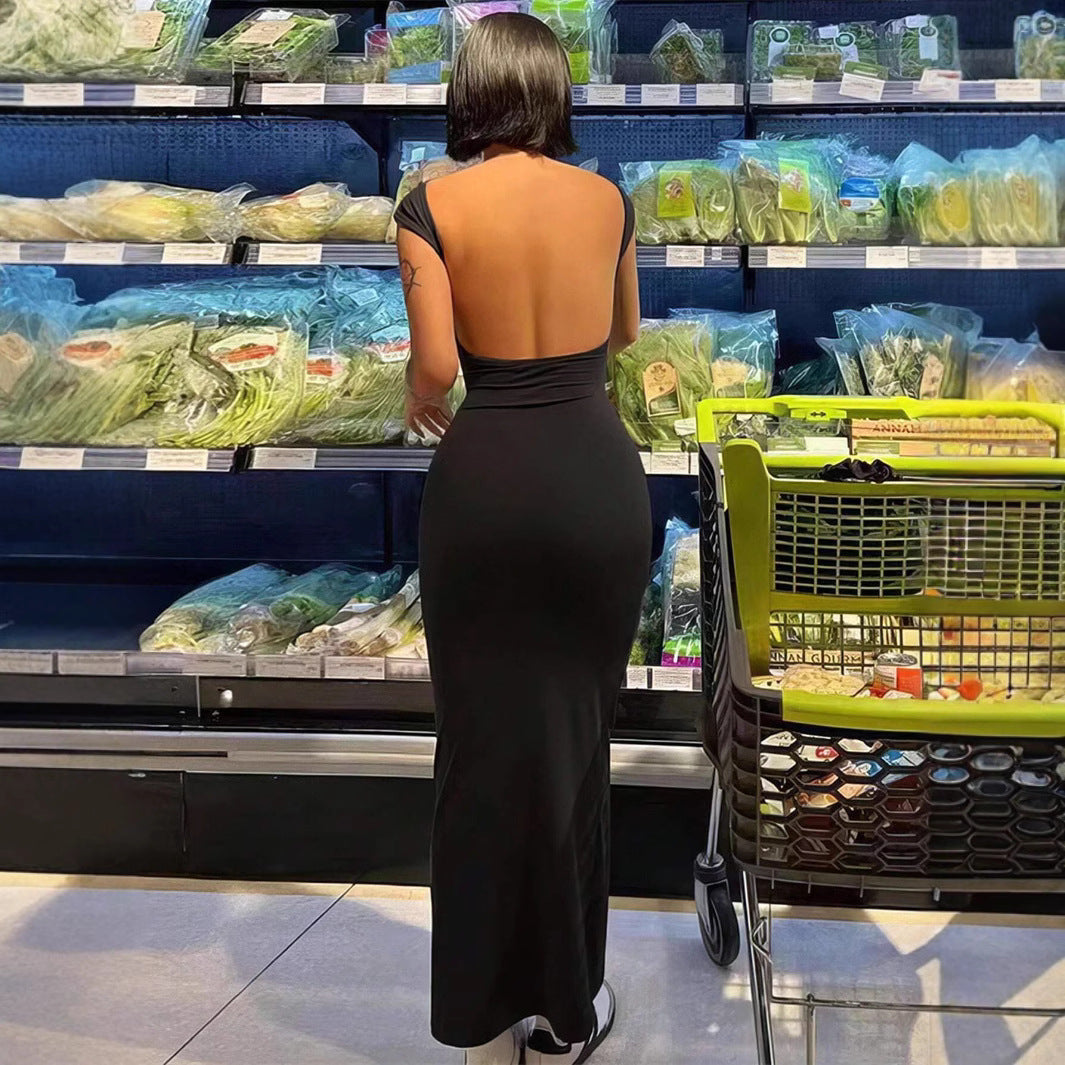 Robe moulante dos nu à manches courtes et col rond pour femme