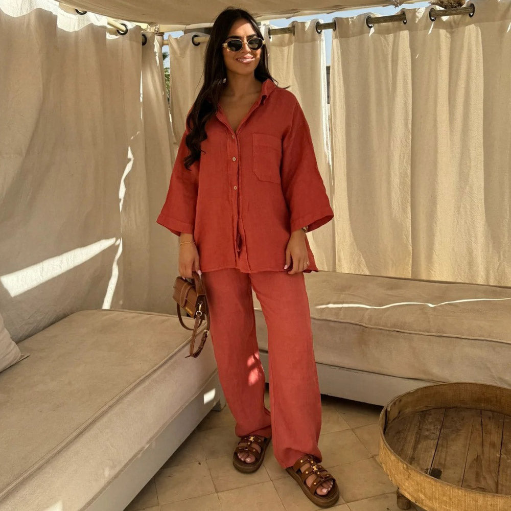 Summer Women Casual Solid Color Lapel Shirt Pants Set