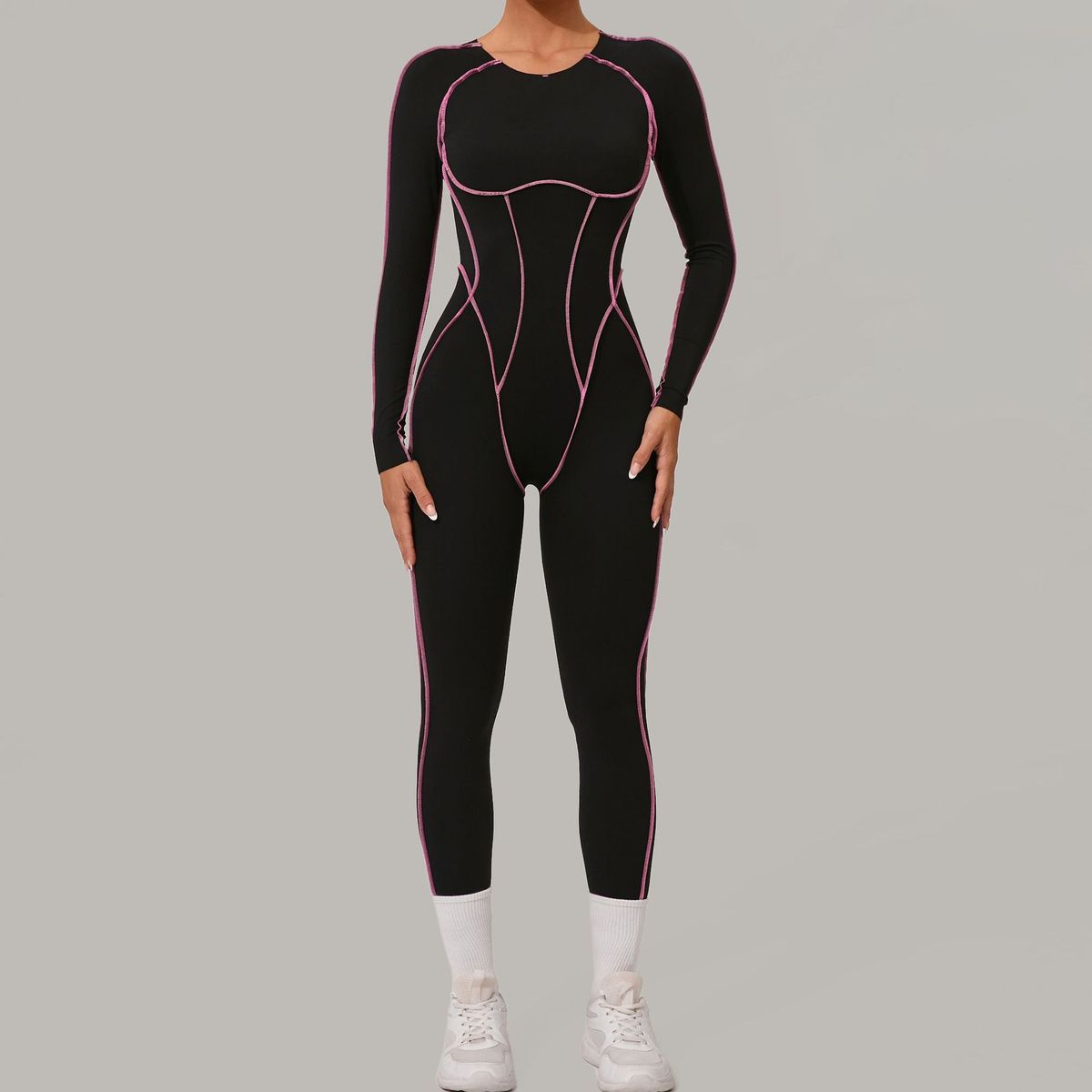Combinaison de yoga dos nu à manches longues et couleurs assorties pour femmes