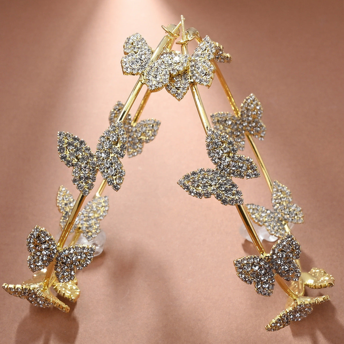 Fashion Exaggerated Rhinestone Butterfly Hoop Earrings in Gold