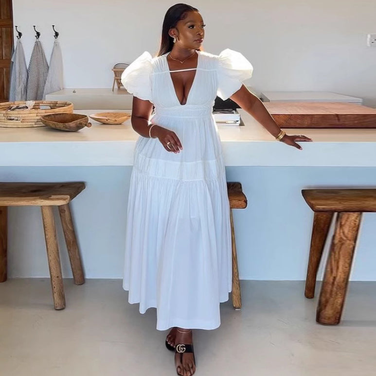 Women Casual Solid Cotton V-Neck Maxi Dress