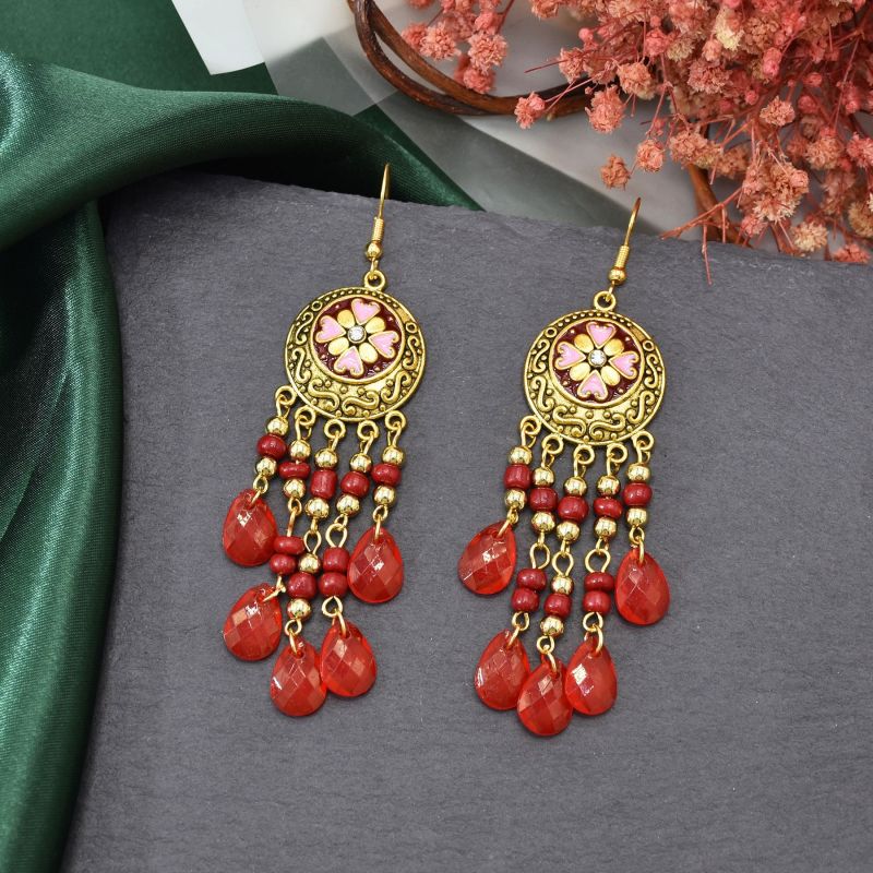 Pendientes con borlas y cuentas multicolores de flores bohemias