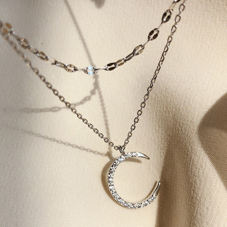 Collar de doble capa con estrella y luna de diamantes de imitación para mujer