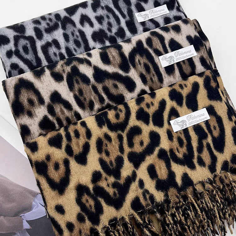 Bufanda con borlas de leopardo vintage, elegante y fresca, para mujer