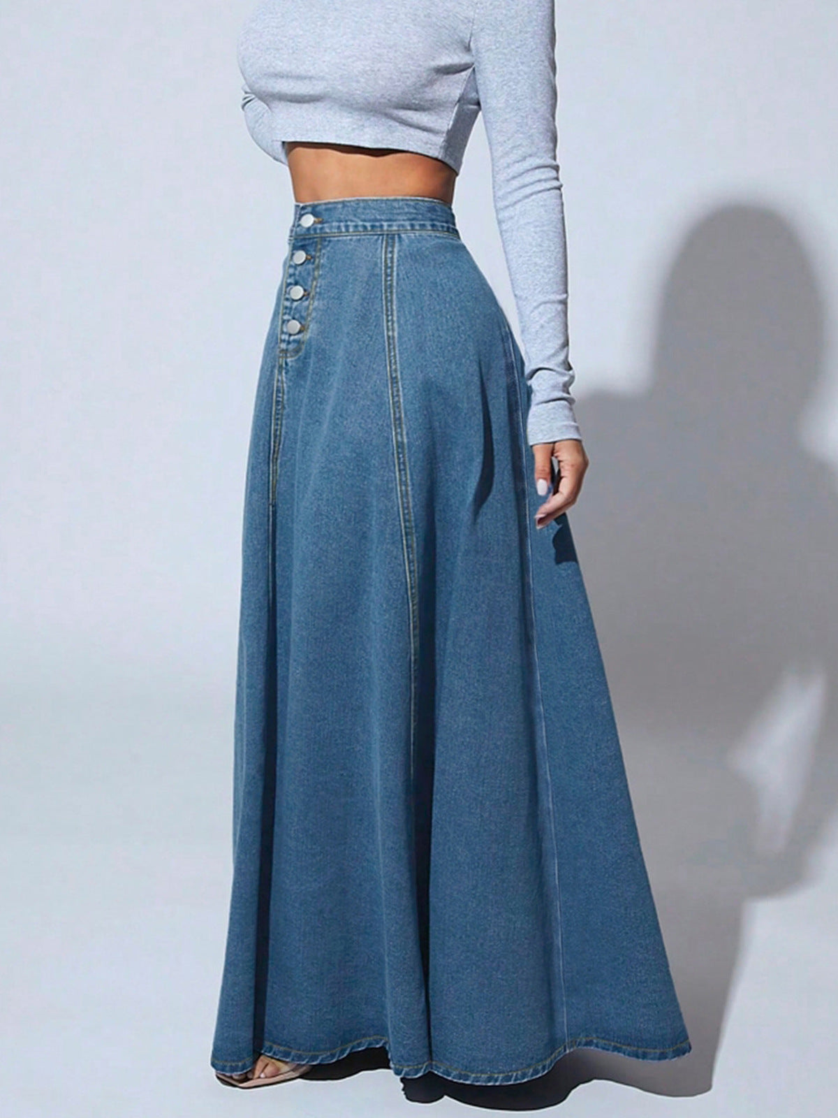 Falda vaquera de una sola botonadura para mujer, estilo urbano, larga, línea A, color liso