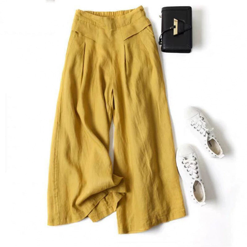 Pantalones anchos informales de algodón y lino de color liso para mujer