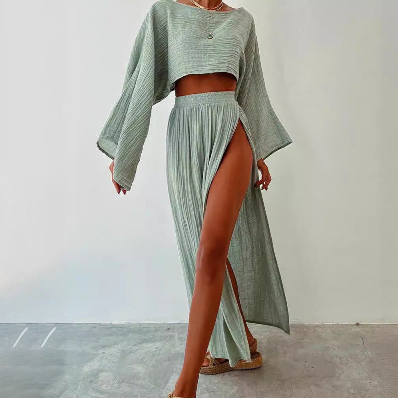 Women Casual Solid Cotton Linen Long Sleeve Crop Top and Skirt Set