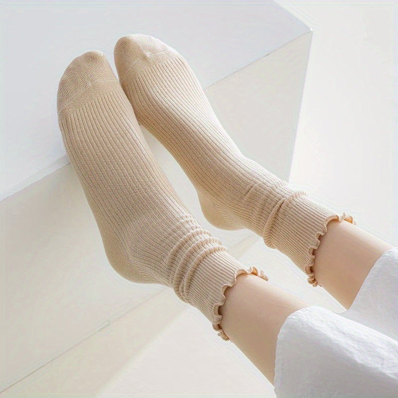 Calcetines casuales de algodón con borde rizado para mujer en colores lisos