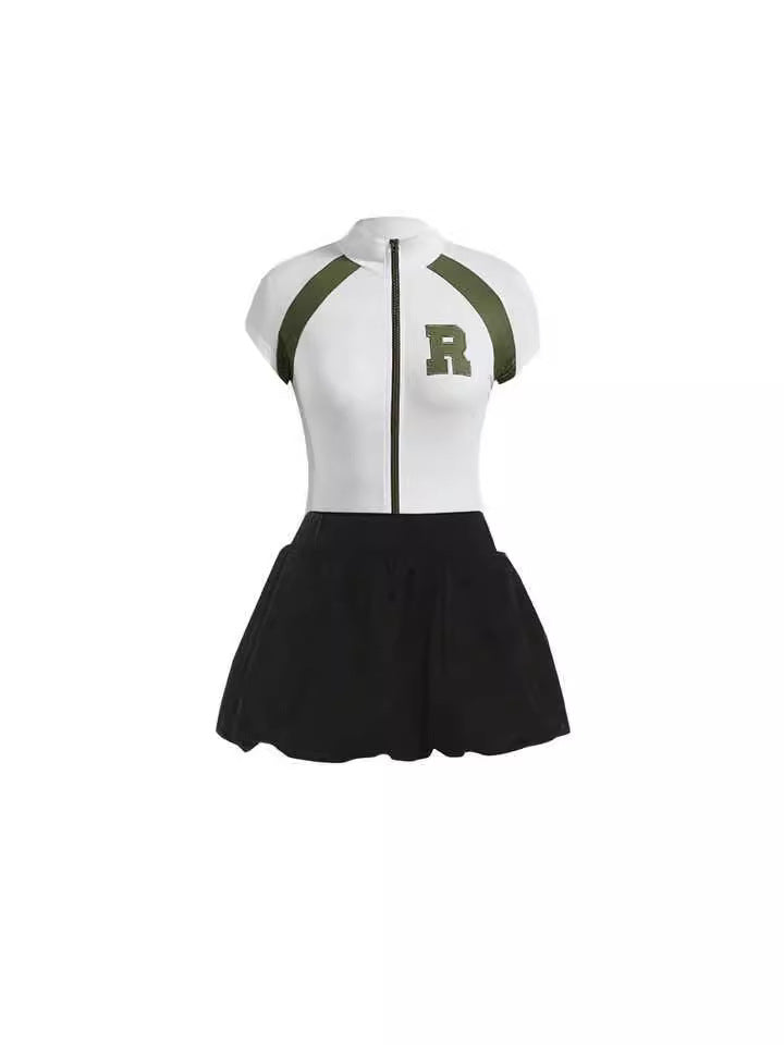 Women Casual Short Sleeve Zipper T-Shirt and Tutu Skirt Set