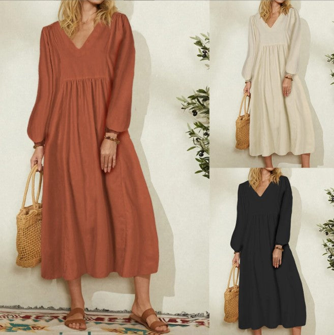 Vestido largo informal de algodón y lino con cuello en V para mujer