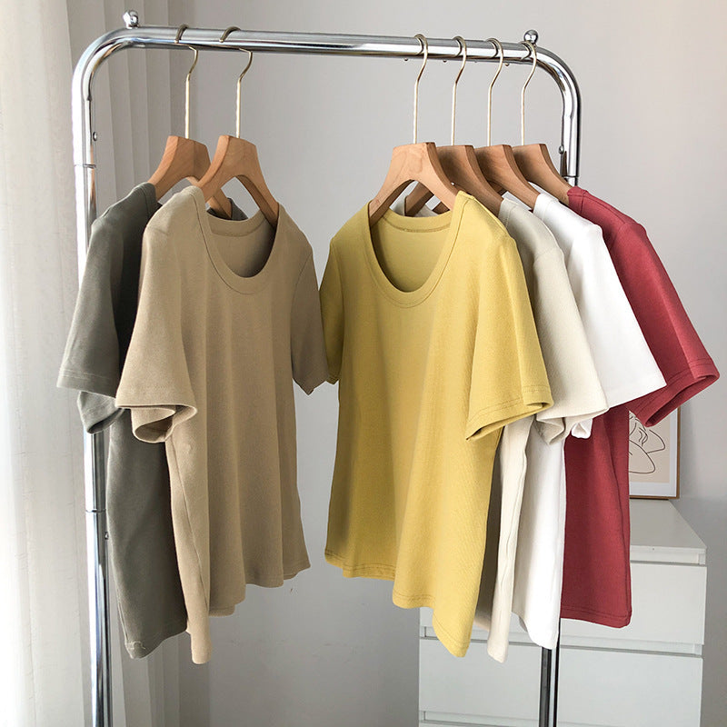 Fashion Basic Women Solid Color Rib-Knit Short Sleeve Blank T-Shirt