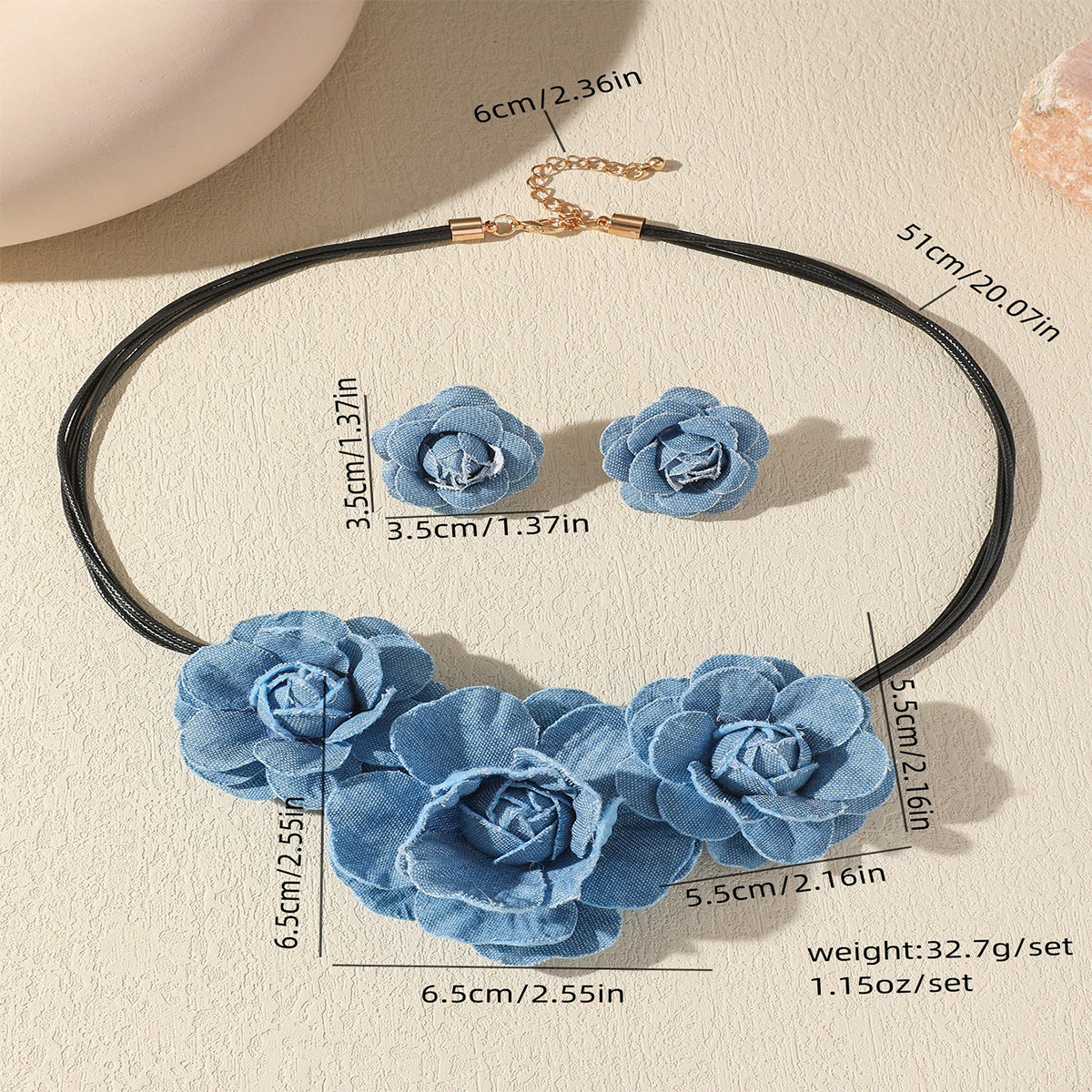 Conjunto de joyas de rosa vaquera vintage azul