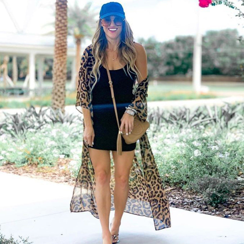 Cárdigan playero de gasa con estampado de leopardo para vacaciones