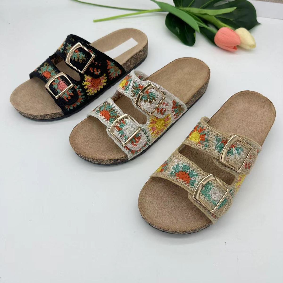 Chaussons tissés à double boucle pour femmes, style décontracté, idéal pour les vacances