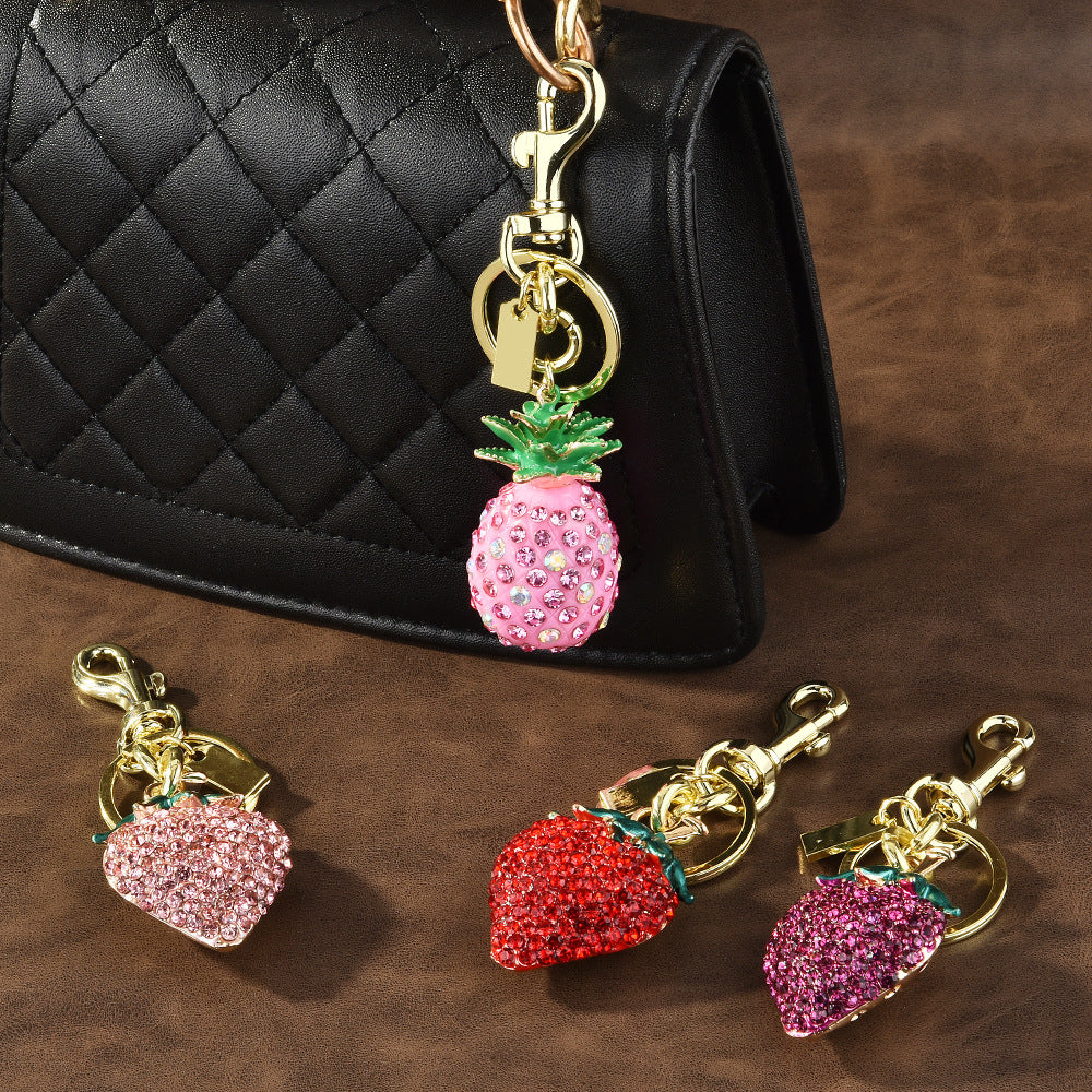 Fashion Rhinestone Strawberry Pineapple Pendant Metal Keychain
