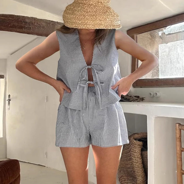 Women Casual Plaid Lace-Up Tank Top Set