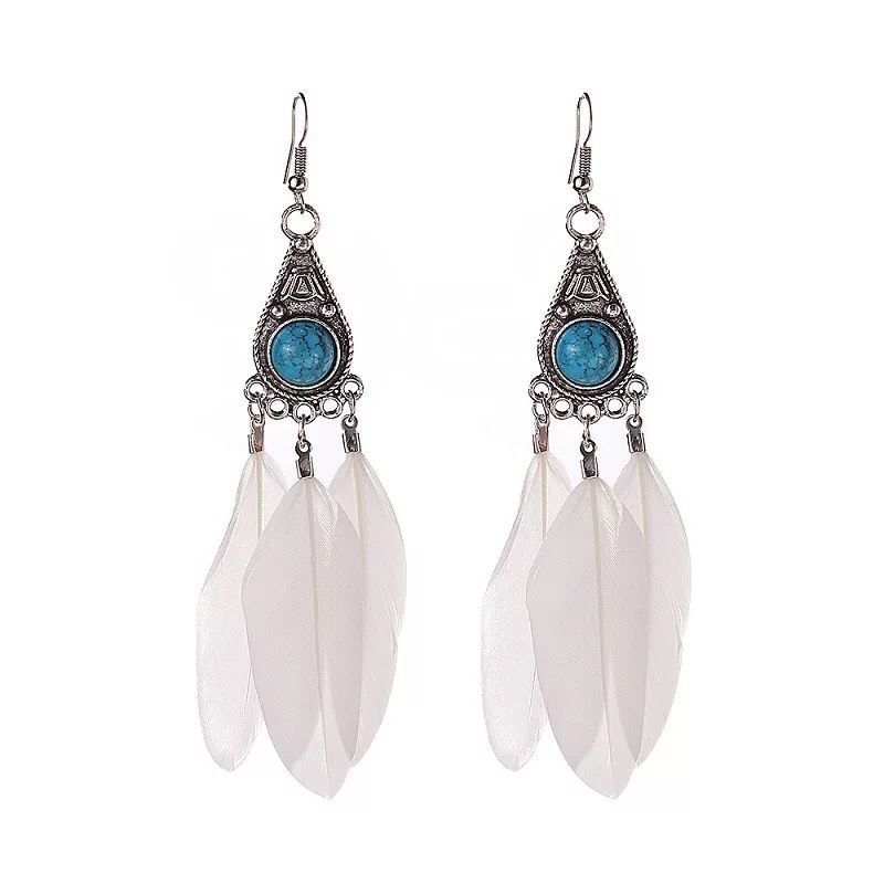 Boucles d'oreilles pendantes en plumes turquoise style bohème vintage pour femme