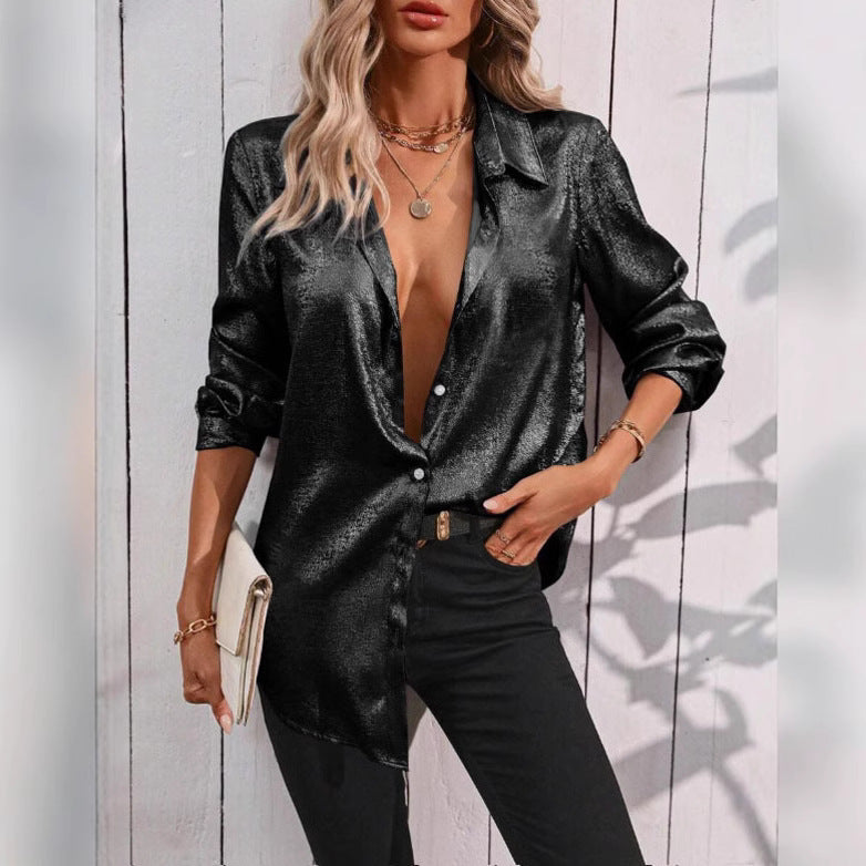 Blusa informal de manga larga de color liso con solapa para mujer