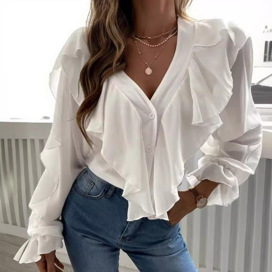 Women Fashion Casual Solid V Neck Ruffled Blouse