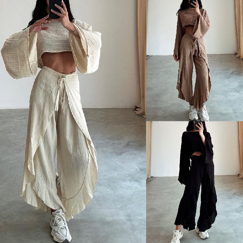 Women Fashion Loose Cotton Linen Long-Sleeve Set