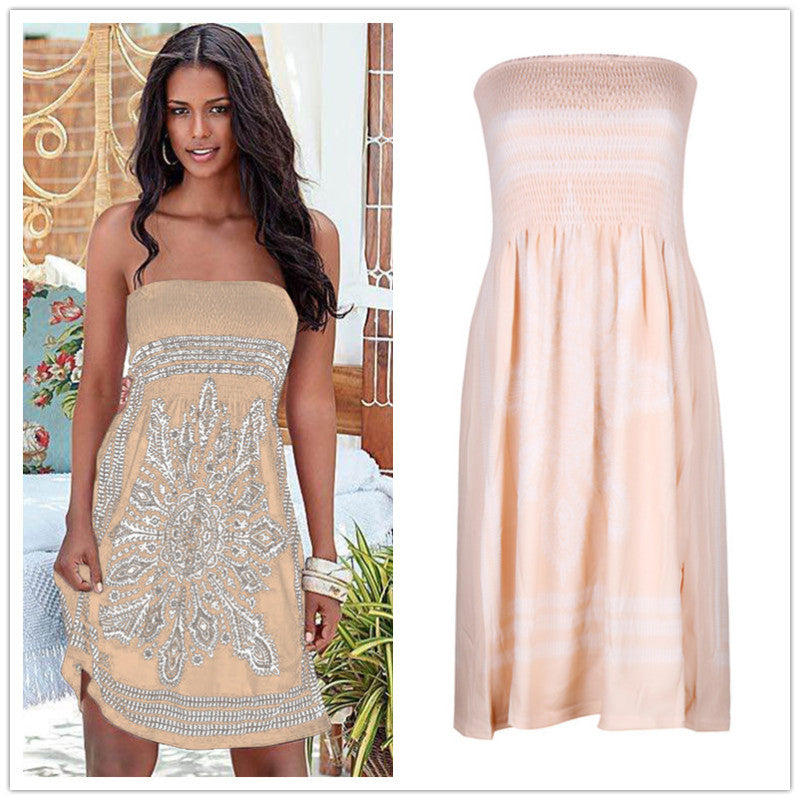 Women Casual Vintage Strapless Summer Loose High Waist Bohemian Beach Dress