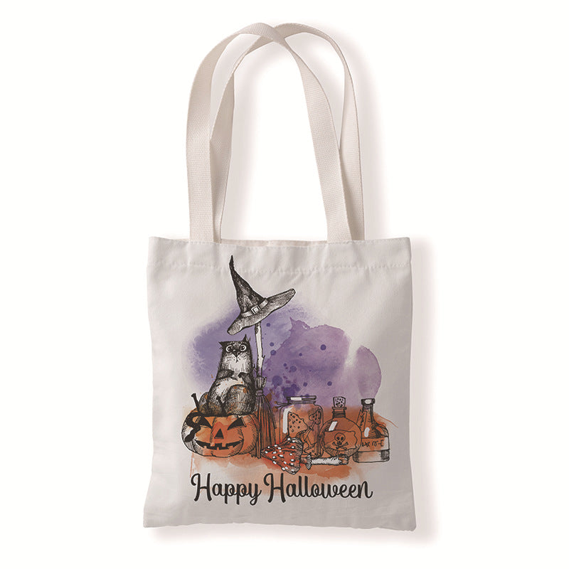 Bolsa de lona con dibujo de gato y calabaza de Halloween