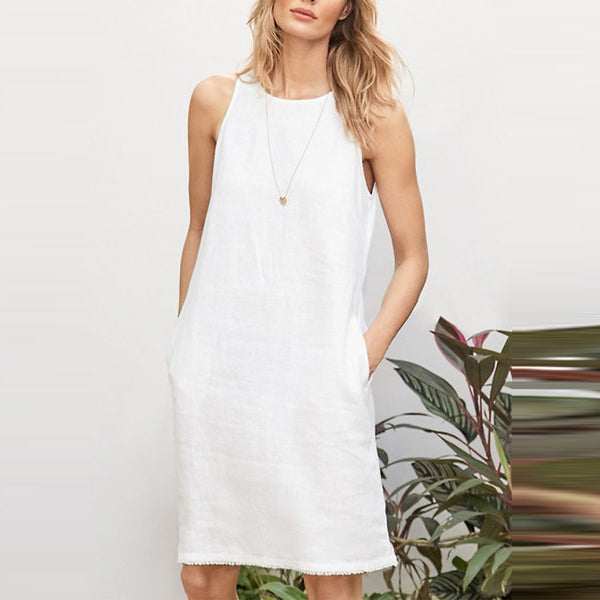 Vestido de cuello redondo de lino y algodón a la moda para mujer